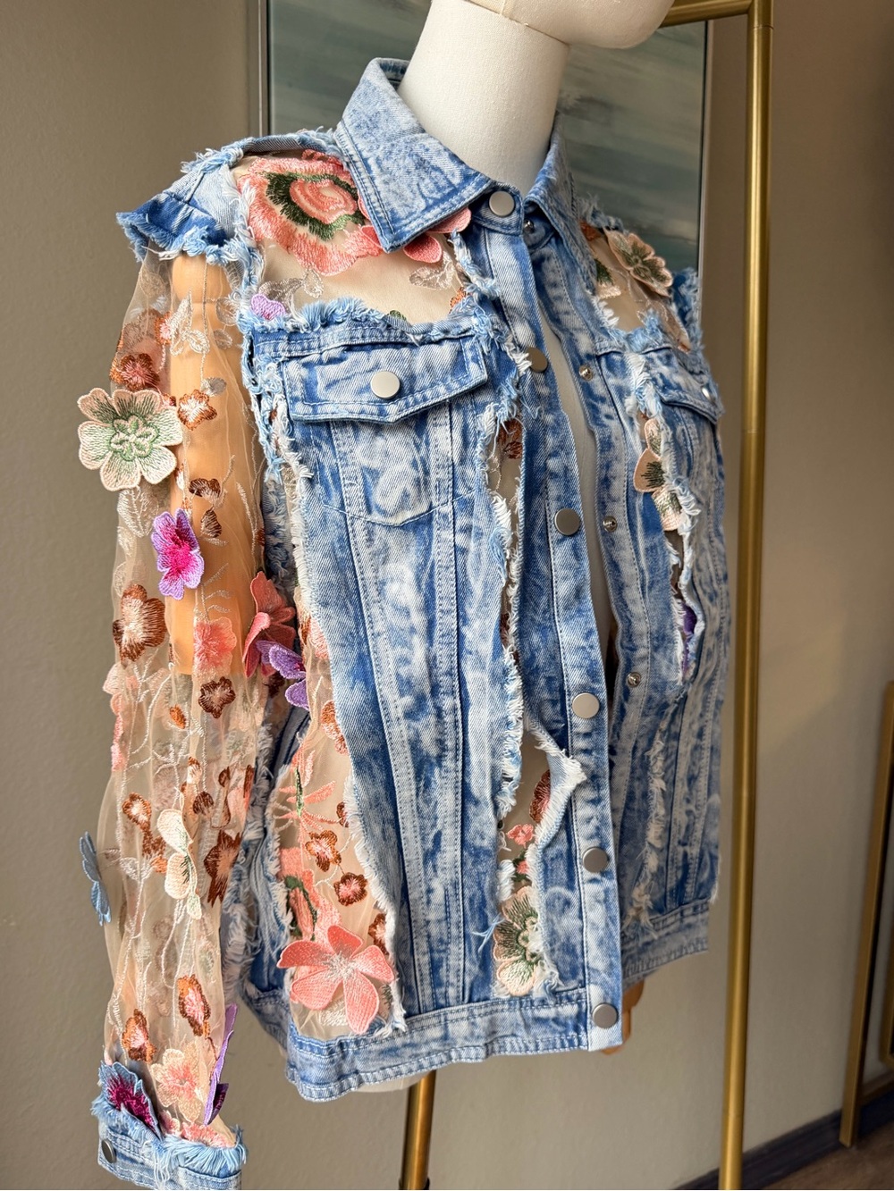 Adore Floral Mesh Denim Jacket 🌸 Statement Embroidered Boutique Jacket - Picture 3 of 14